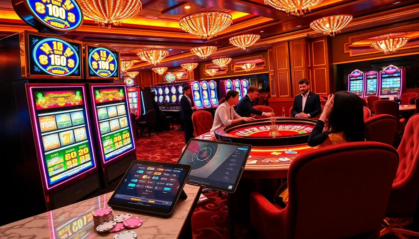 Excited players enjoying slot depo pulsa on vibrant casino slot machines.