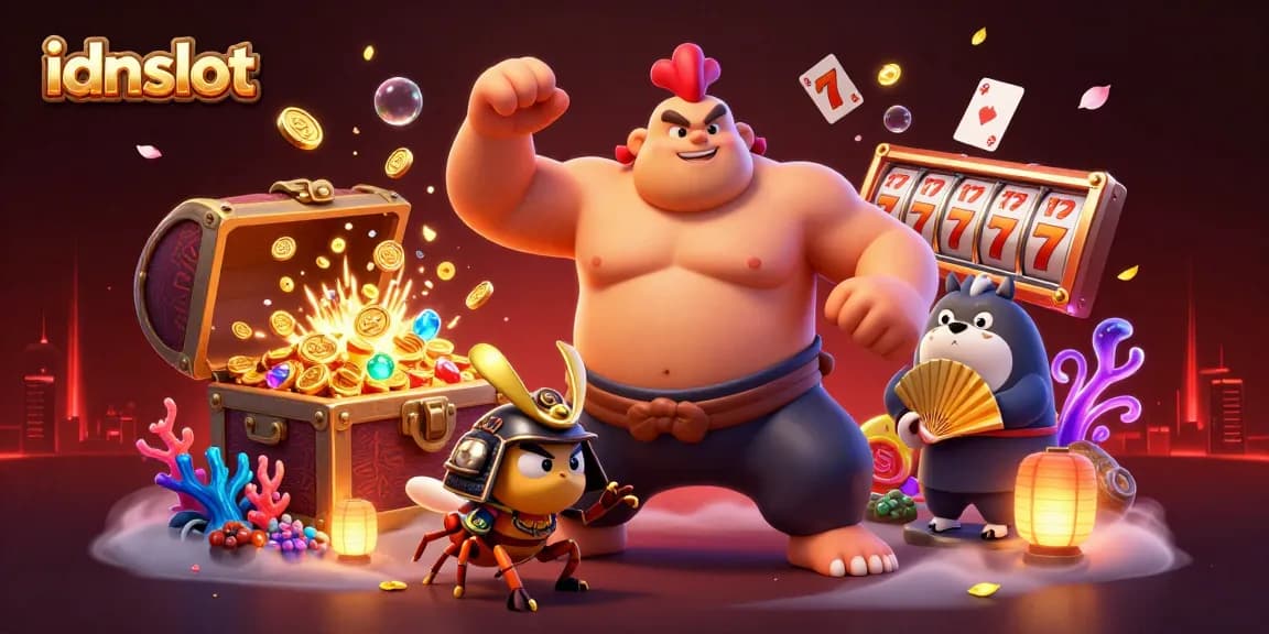 Engage with idnslot's vibrant casino scene featuring a sumo wrestler and samurai cricket amid gold treasures.