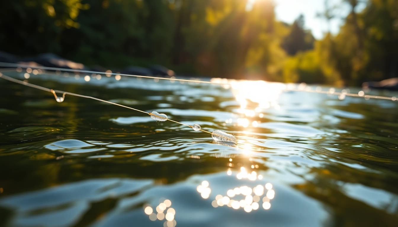 Catch a glimpse of the fly fishing line shining brightly against a tranquil river backdrop.