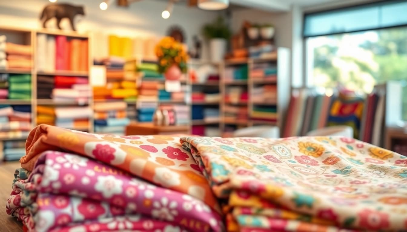 Bekijk het katoenen stoffen assortiment met diverse texturen en kleuren in een warme, uitnodigende omgeving.