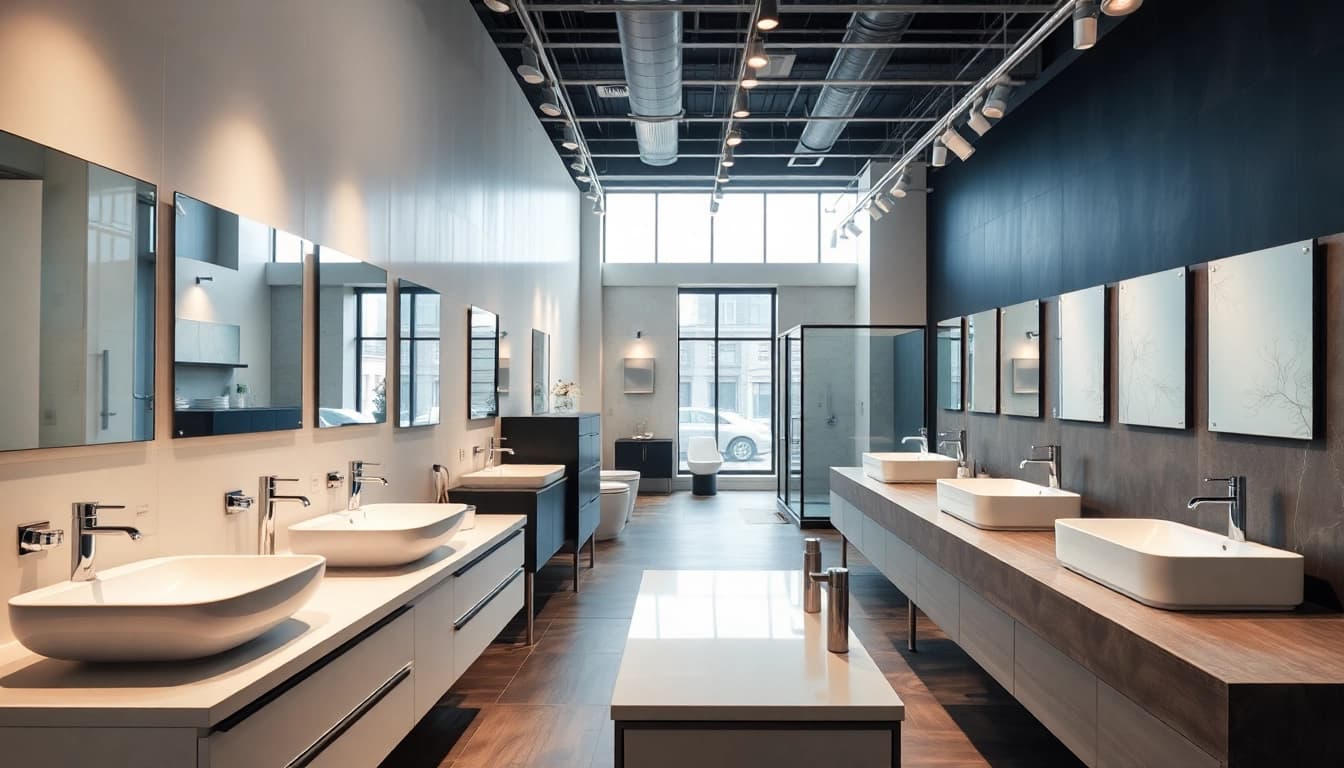 Entdecken Sie die moderne Badezimmerausstellung von sonni sanitär GmbH mit eleganten Armaturen und stilvollen Waschbecken.