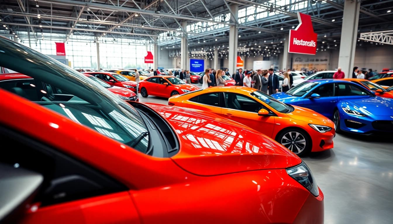 Showcasing an immersive auto cars show featuring vibrant vehicles and enthusiastic attendees.