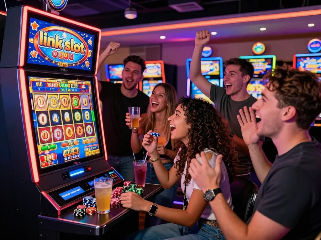 Kelompok menikmati pengalaman permainan link slot di suasana kasino yang meriah
