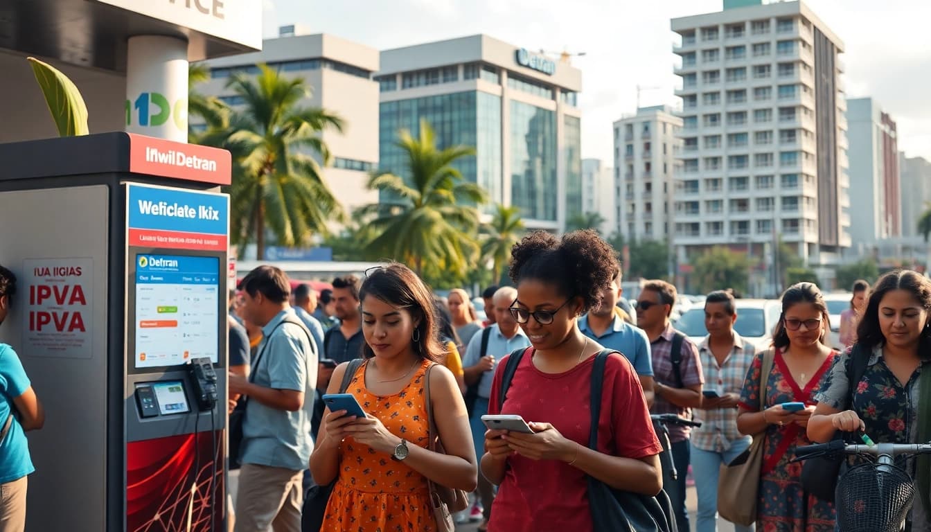 Dynamic urban scene highlighting IPVA GO payments in action, showcasing diverse vehicle owners in Goiás.