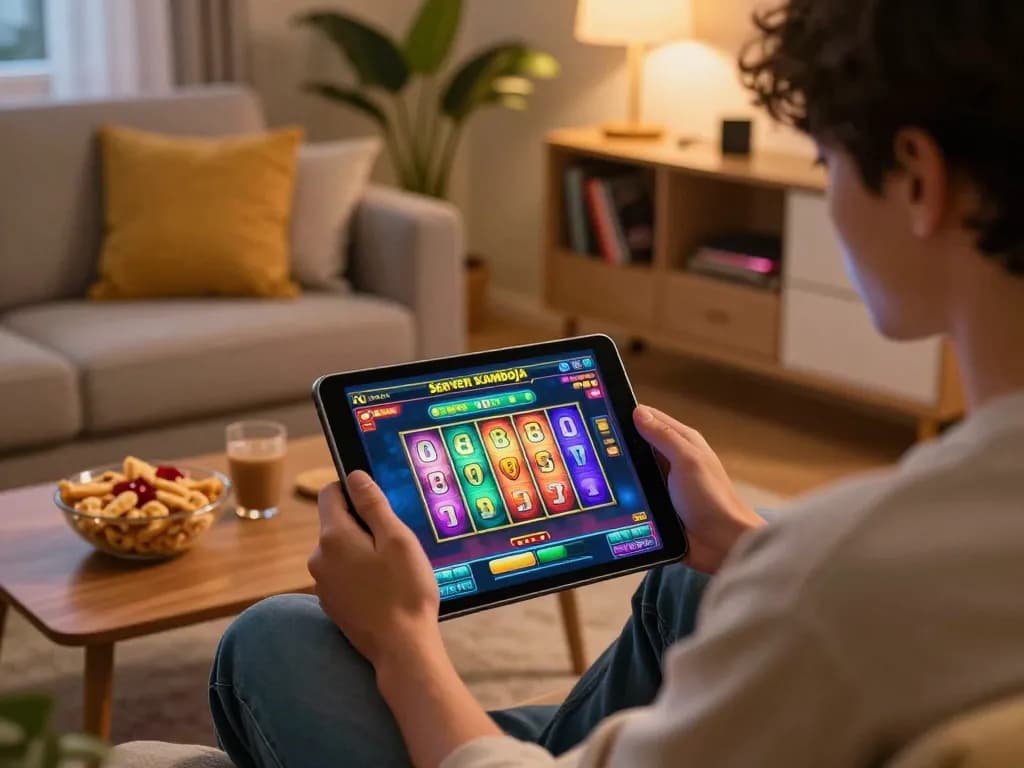 Engaging moment of a player exploring the slot server kamboja on a tablet, showcasing colorful game reels.