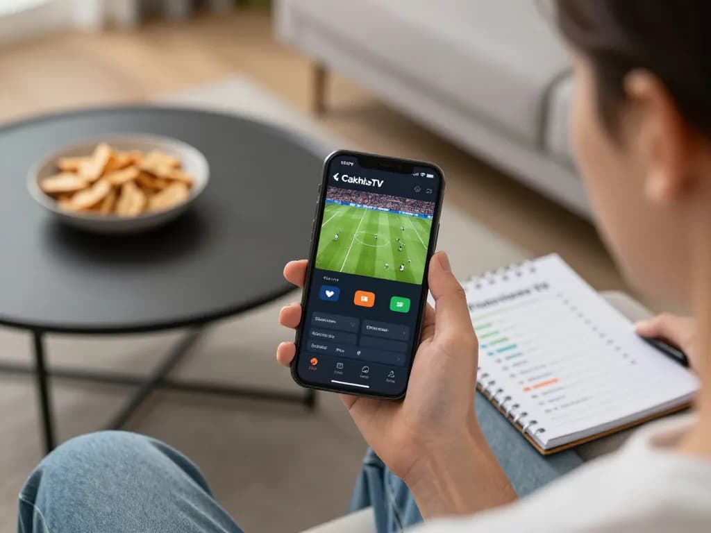 CakhiaTV app user making a strategic bet while enjoying a live football match, comfortable atmosphere and modern setting.