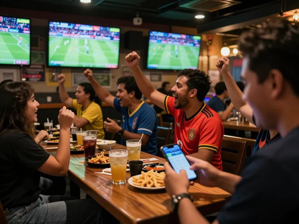 Engaged bettors using smartphones to place taruhan bola during a live football match