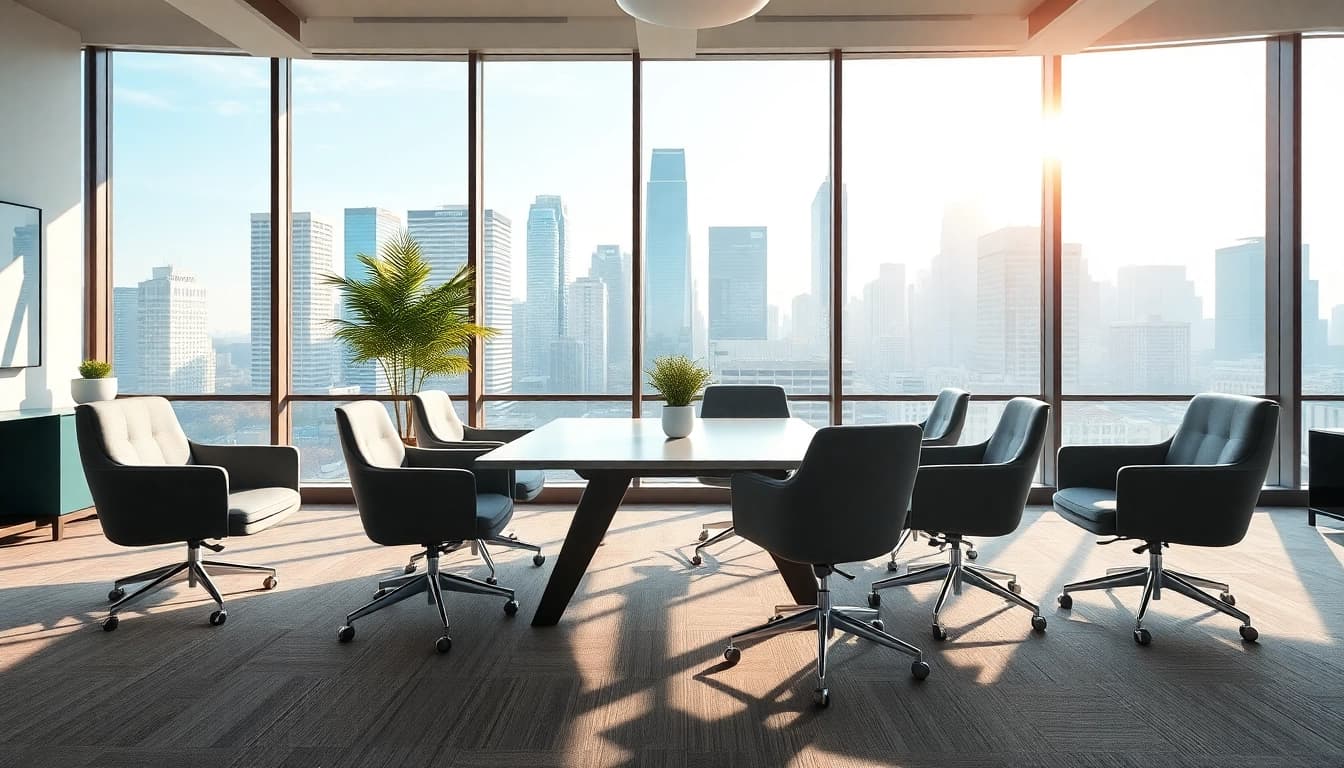 Engaging real estate office showcasing a modern conference space with bright natural light.