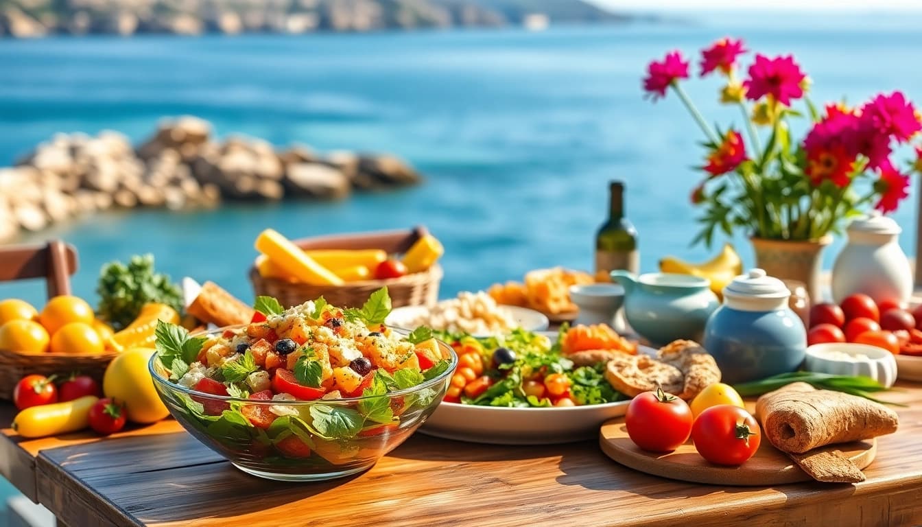 Explore a vibrant Mediterranean diet spread featuring fresh ingredients and rustic elements.