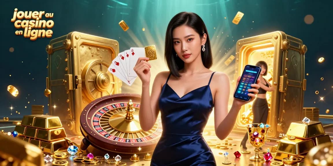 Participez à jouer au casino en ligne avec une superbe femme asiatique tenant une application de casino et un jeton doré.