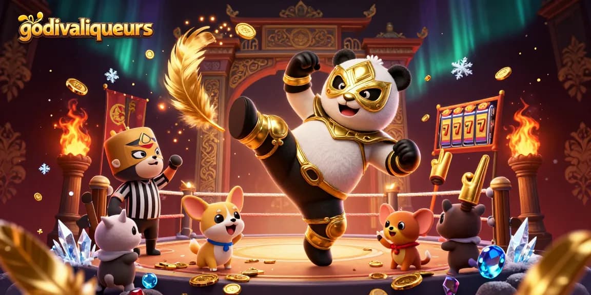 Experience the thrilling atmosphere of godivaliqueurs with a dynamic 3D casino scene featuring a panda wrestler and cheering animal fans.