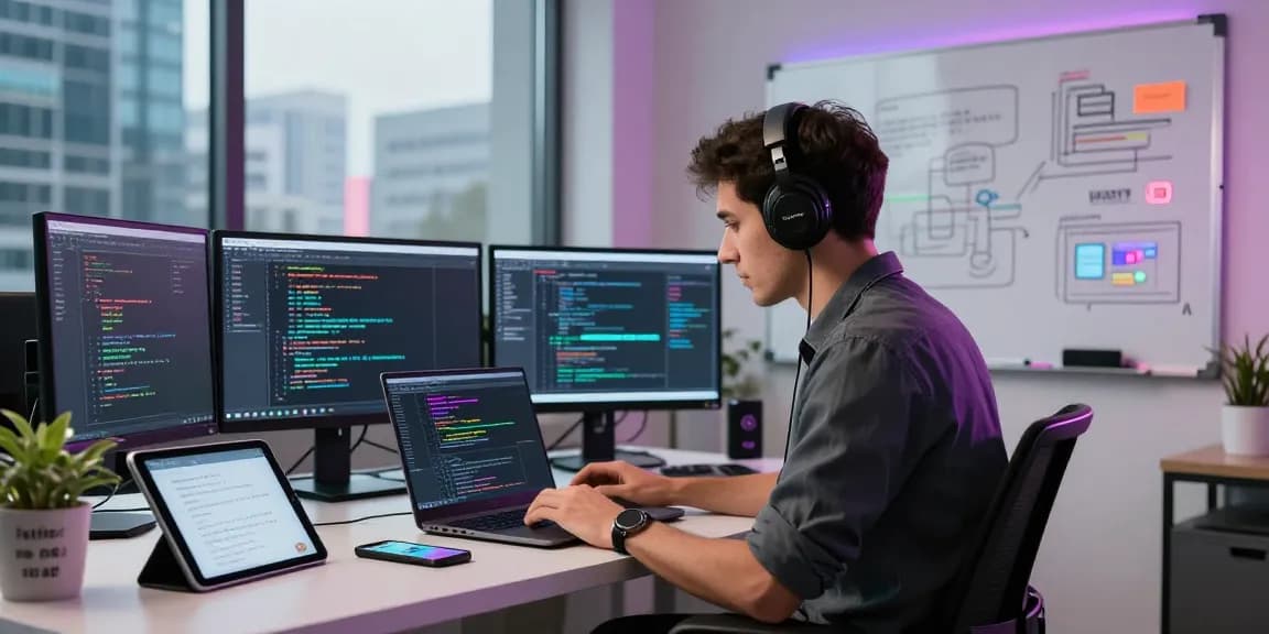 Engaged programmer utilizing spicy ai technology in a modern workspace, showcasing coding and data visualization.