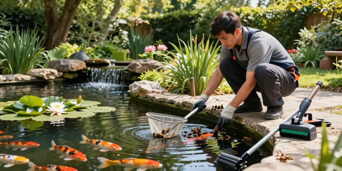 Pond Cleaning Surrey expert removing debris from tranquil garden pond.