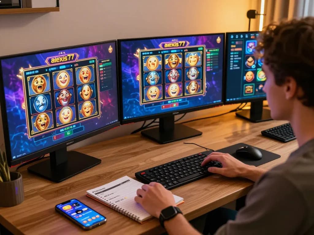 Engaging with alexis77 slot interface on multiple screens, showcasing strategic online gaming.