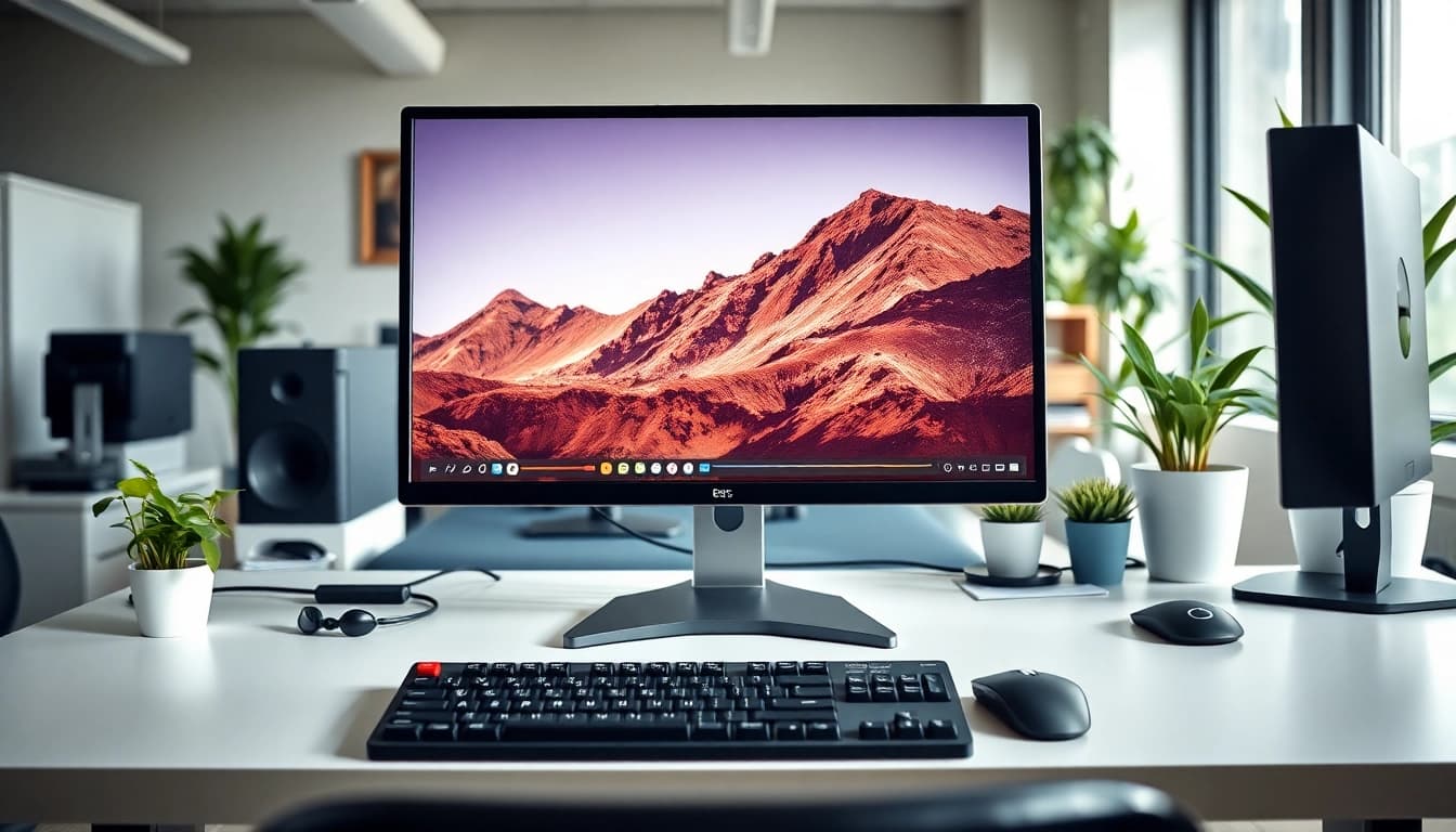 Komputery PC w nowoczesnym biurze na stylowym biurku z ergonomiczną klawiaturą.