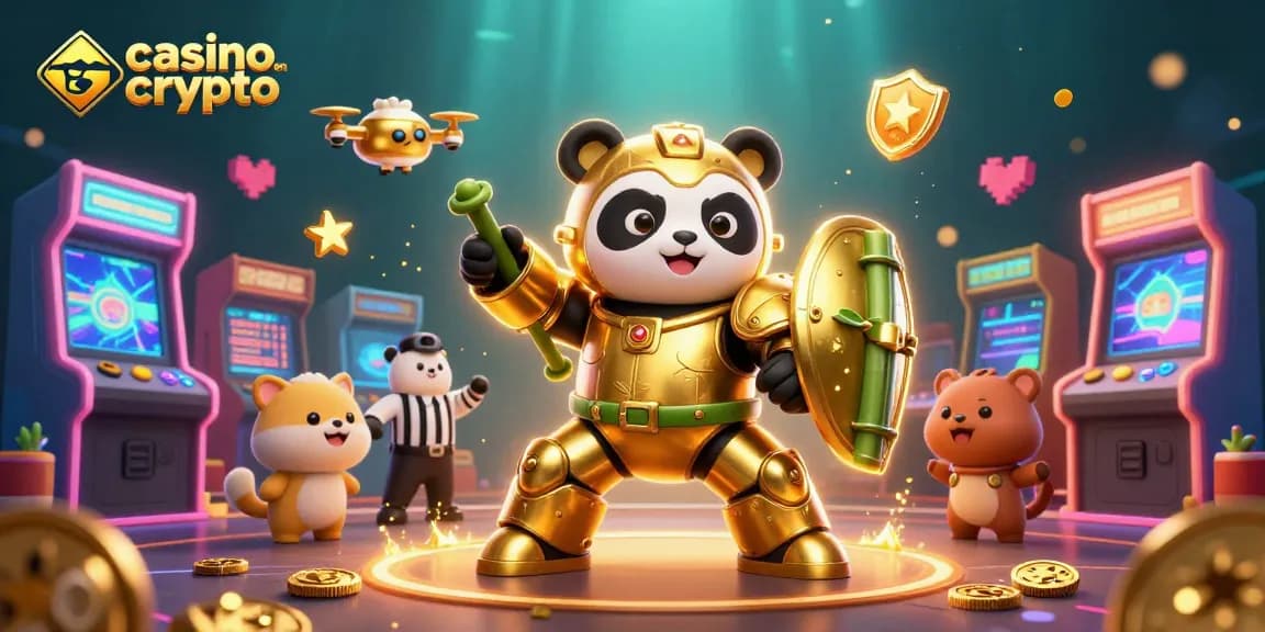 Plongez dans le monde du casino en crypto avec une illustration animée mettant en avant un panda mech et des éléments de jeux captivants.