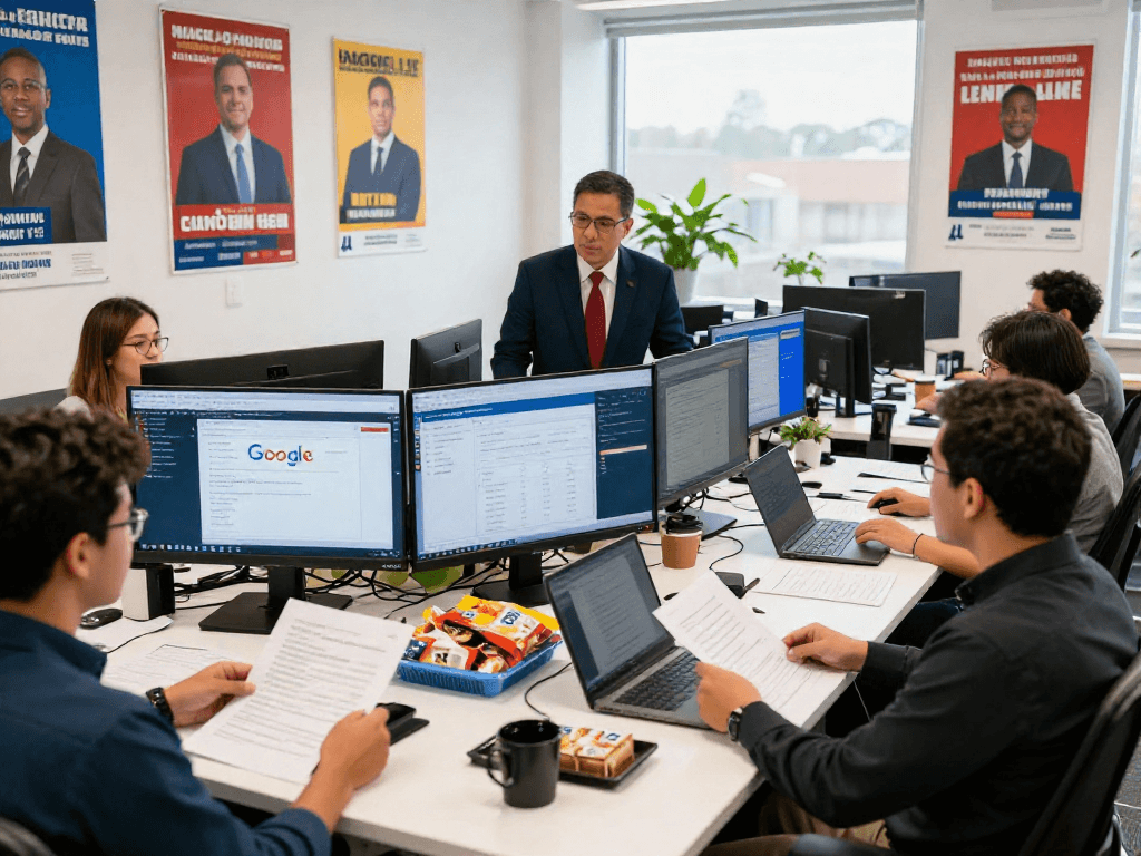 Political google ads strategy session in a dynamic campaign office with a focused team analyzing data and analytics.