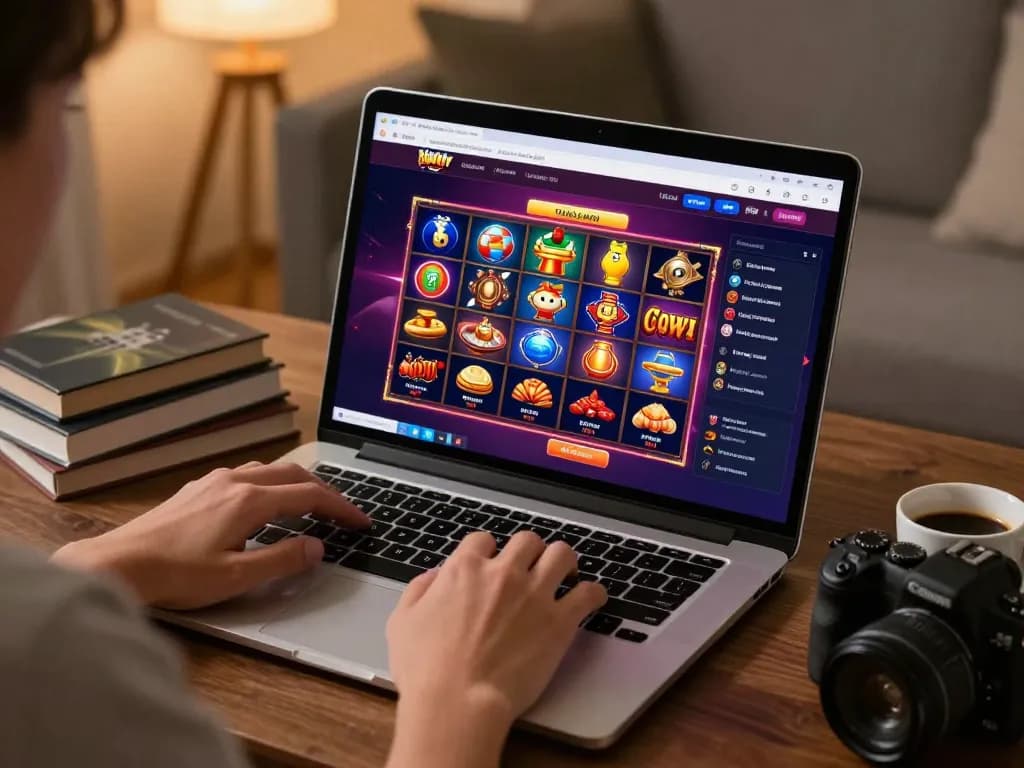 Engaged player enjoying online casino games on server Thailand with laptop in cozy home setting.