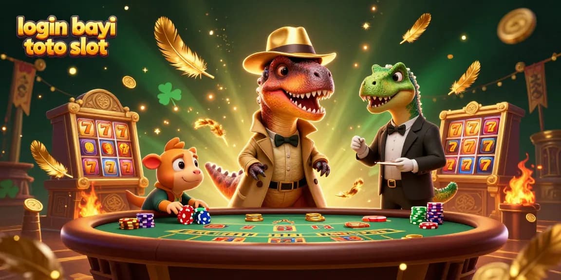 Experience the thrill of login bayi toto slot with a fun 3D illustration featuring cartoon dinosaurs at a casino table.