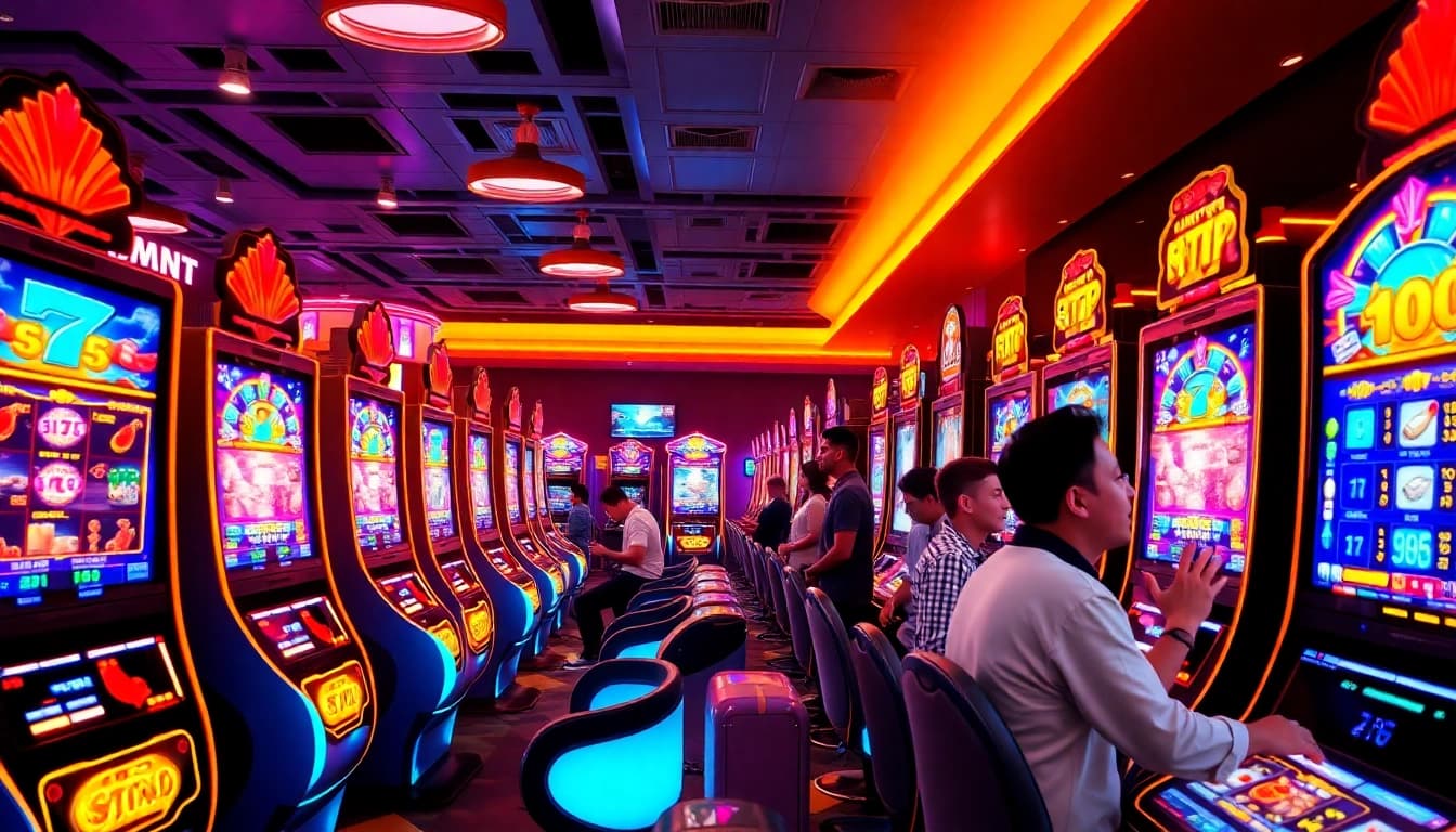 Slot hoki online casino scene with vibrant slot machines and engaged players enjoying gameplay.
