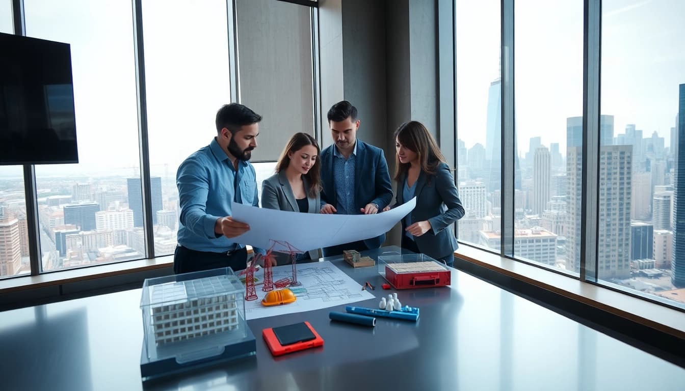 New York City Commercial General Contractor team collaborating on construction projects in a modern office.
