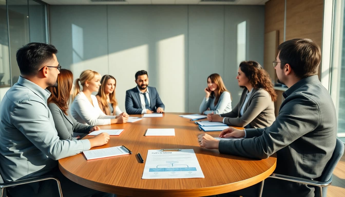 Mediation session in a modern conference room, highlighting collaboration and engagement.