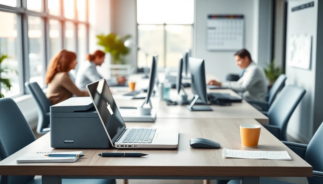Typing center in a modern office setting showcasing efficient workspace design and productivity tools.