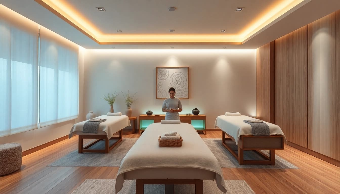 출장 massage therapy room with calming ambiance and professional therapist.