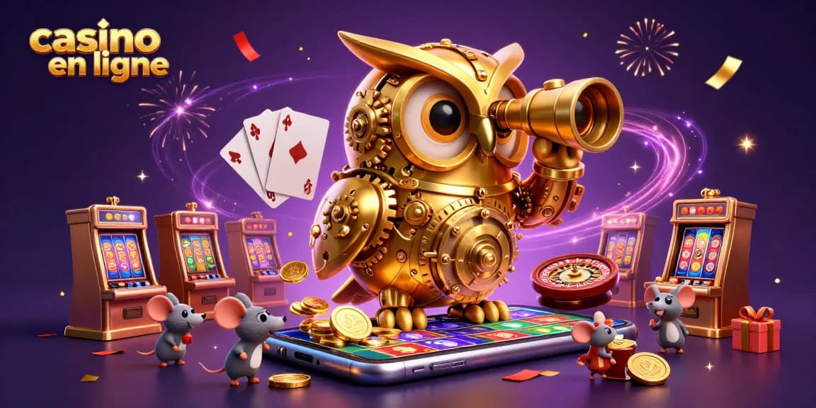 Jouez au casino en ligne avec des jeux captivants illustrés par une chouette dorée et des souris en action.
