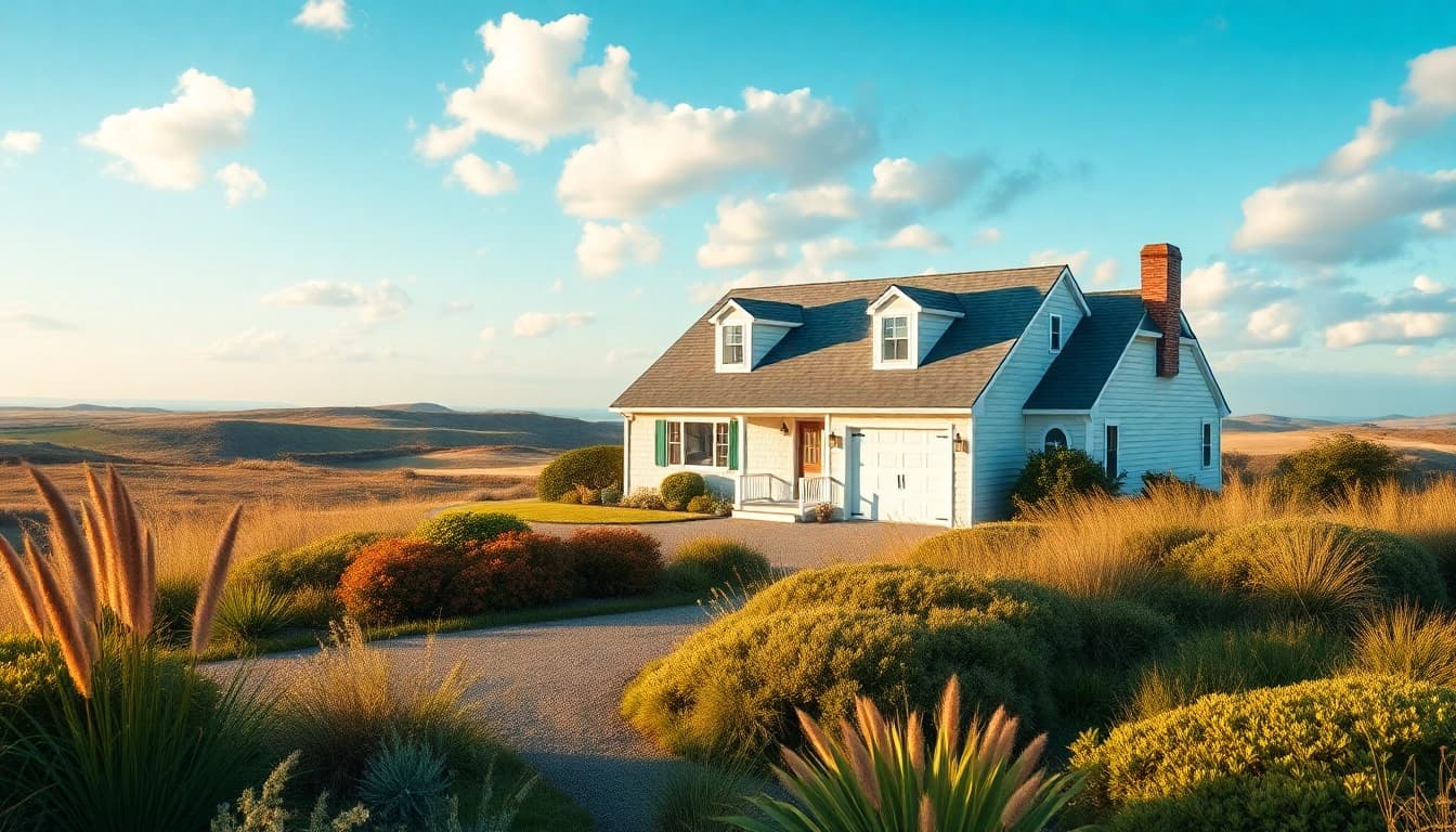Cape cod home with lush garden and attached garage highlighted in bright coastal light.