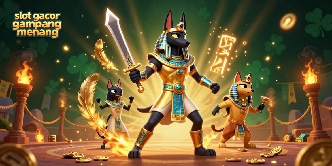 Engage with slot gacor gampang menang while enjoying an epic 3D battle scene featuring Anubis and Bastet.