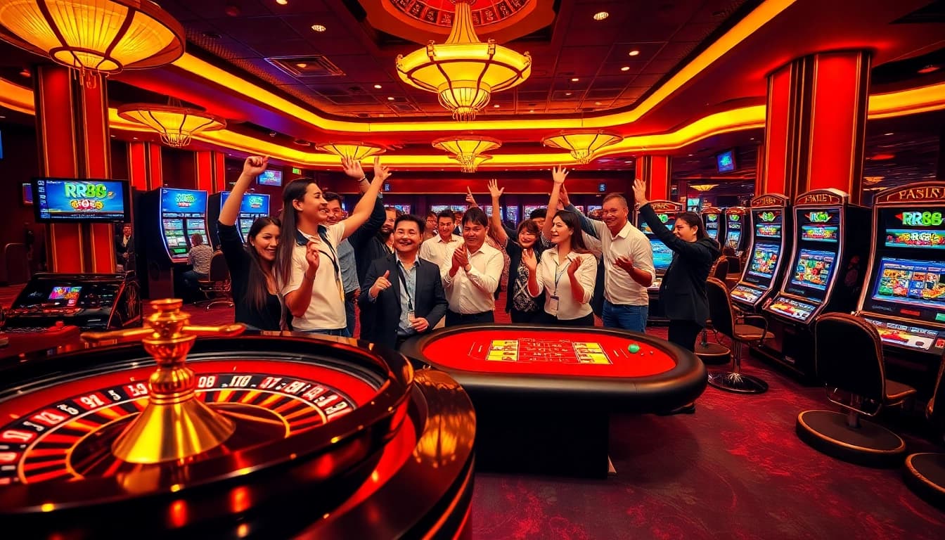 Players enjoying a lively casino atmosphere with RR88 branding on the tables and machines.