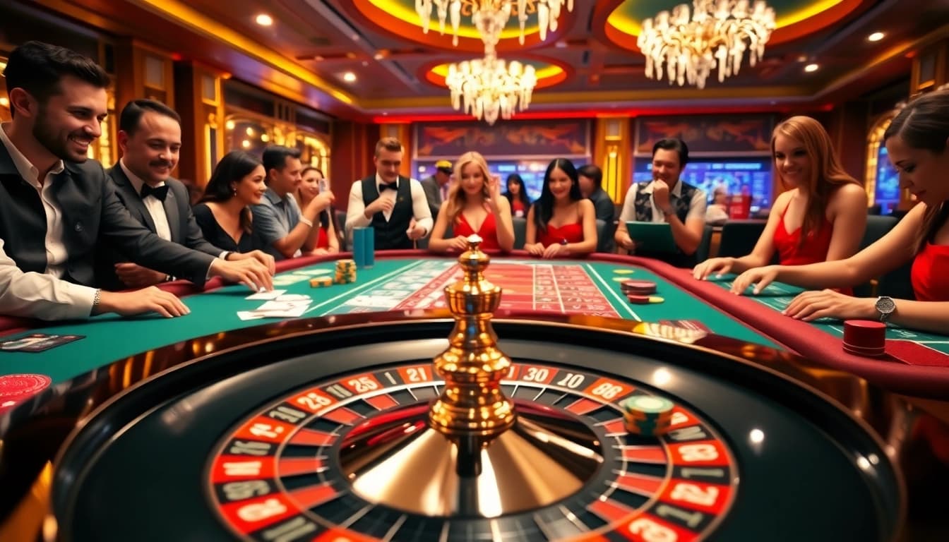 Exciting casino experience at TR88 with players engaging in games and a stunning roulette wheel.