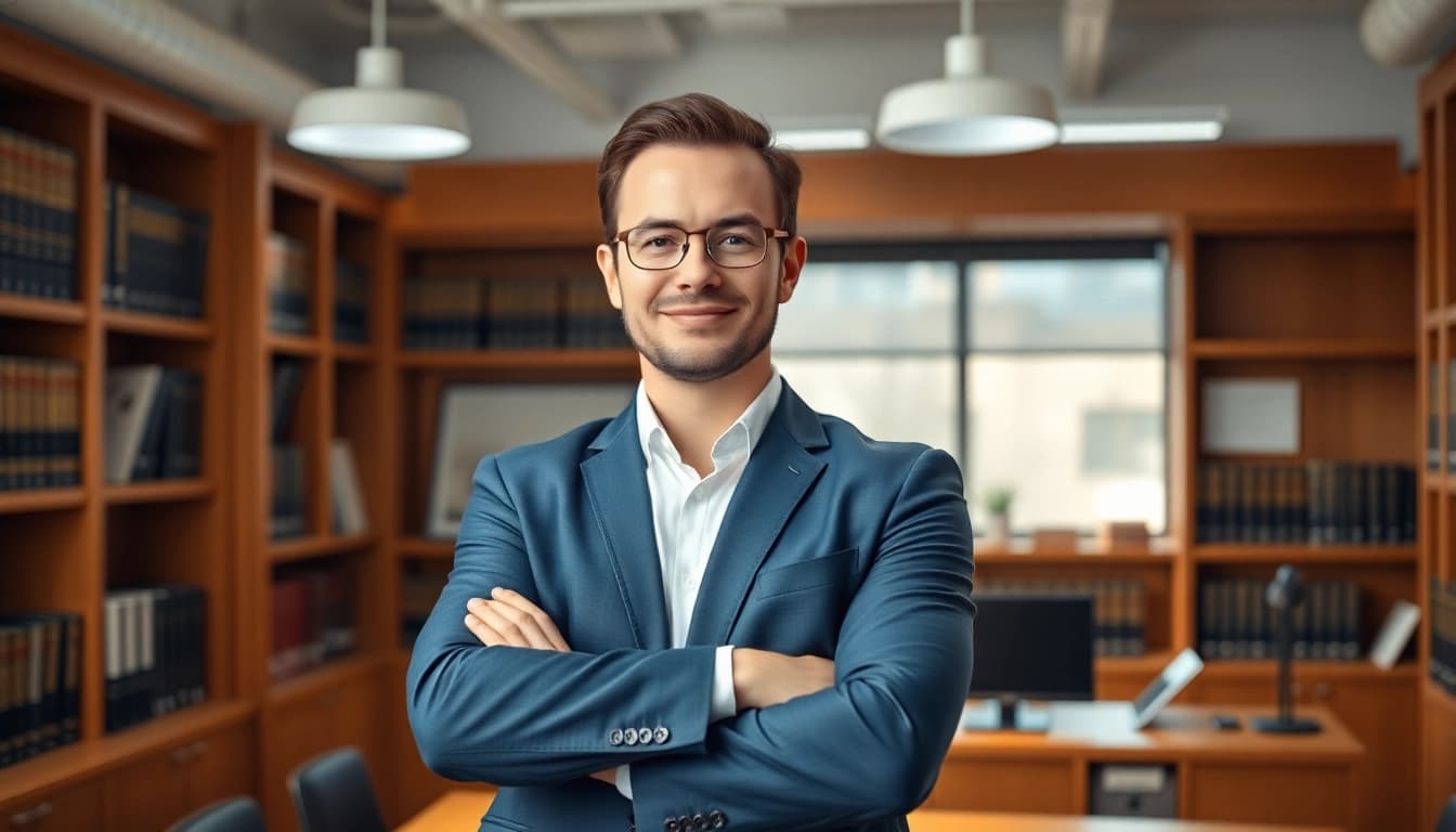 Intellectual property lawyer displaying expertise and professionalism in a modern legal office setting.