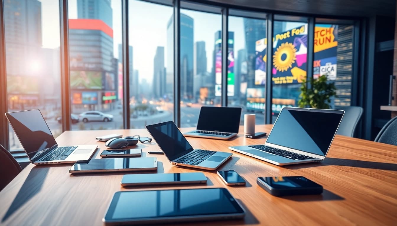 Technology workspace with modern devices and vibrant cityscape backdrop.
