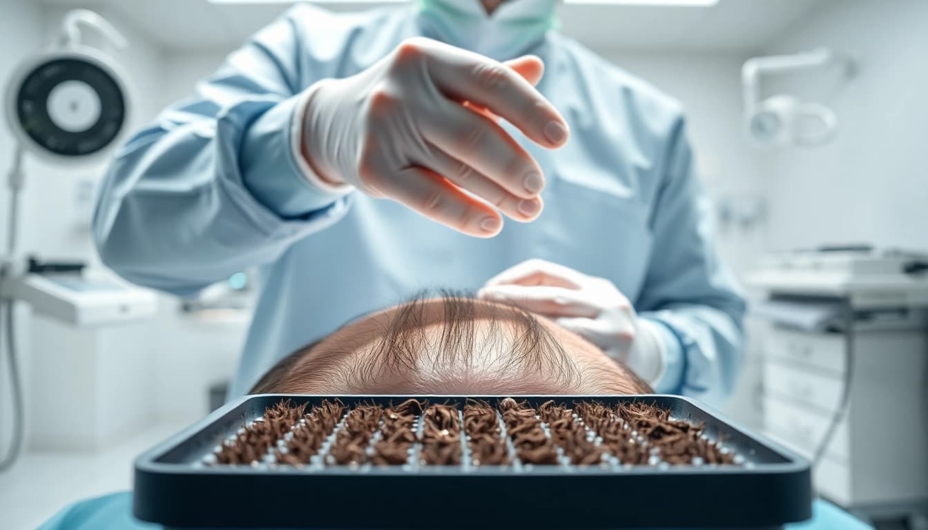 Surgeon performing hair transplant procedure with precision in a modern clinic.