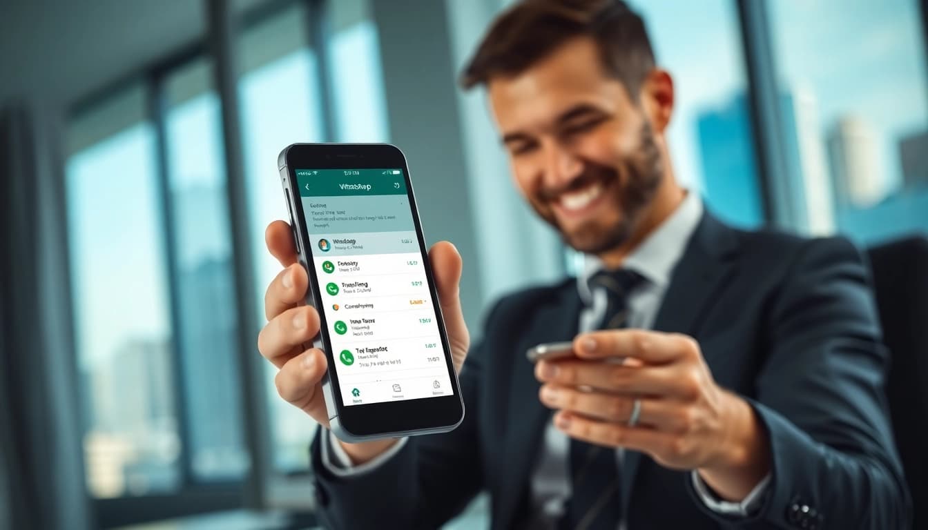 Engaging with WhatsApp Smart CRM on a smartphone in a professional office setting.