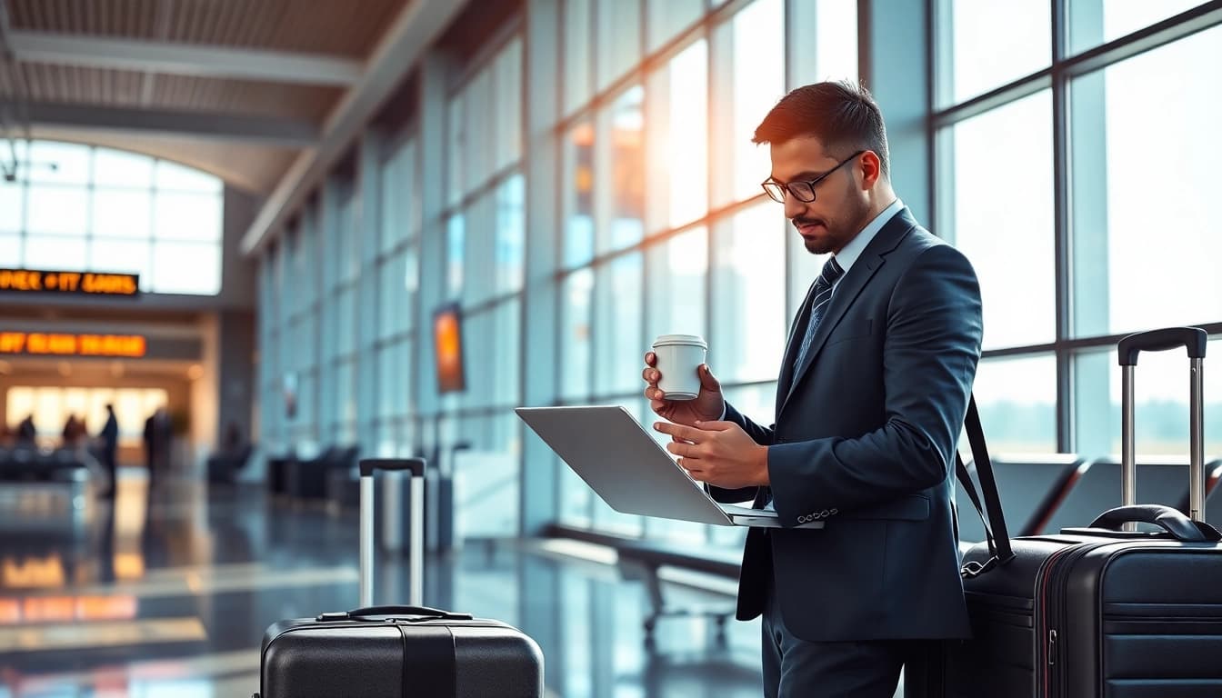 Business trip preparations at the airport for 출장, featuring a traveler checking his laptop.