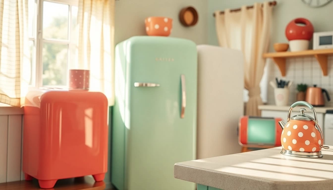 Showcasing a retro appliance in a beautifully arranged vintage kitchen.