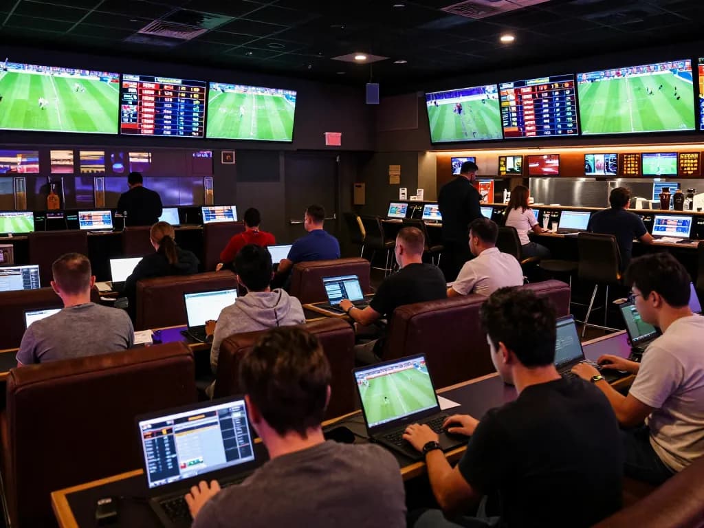 Kết quả bóng đá hôm nay seen as enthusiastic bettors analyze soccer match odds at a modern sportsbook.