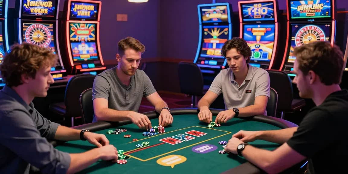 Des joueurs engagés profitant de l'excitation de jouer au casino en ligne à une table de poker virtuelle, entourés de visuels de jeu vibrants.