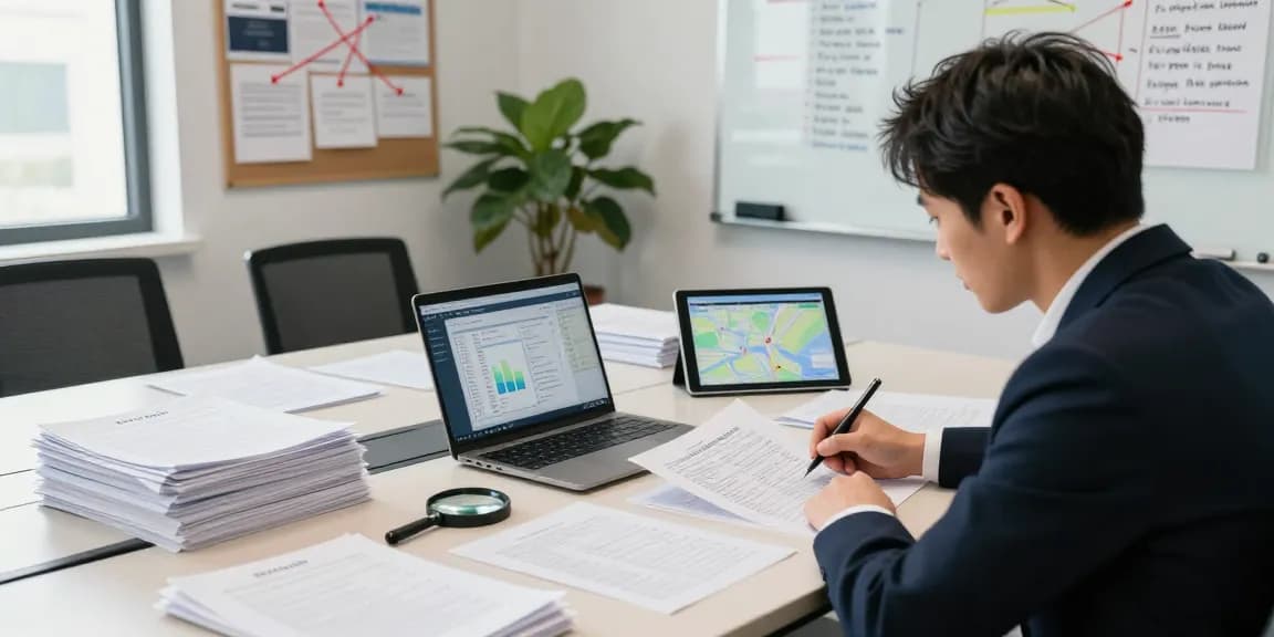 Investigator analyzing asset tracing data at a conference table with documents and digital tools
