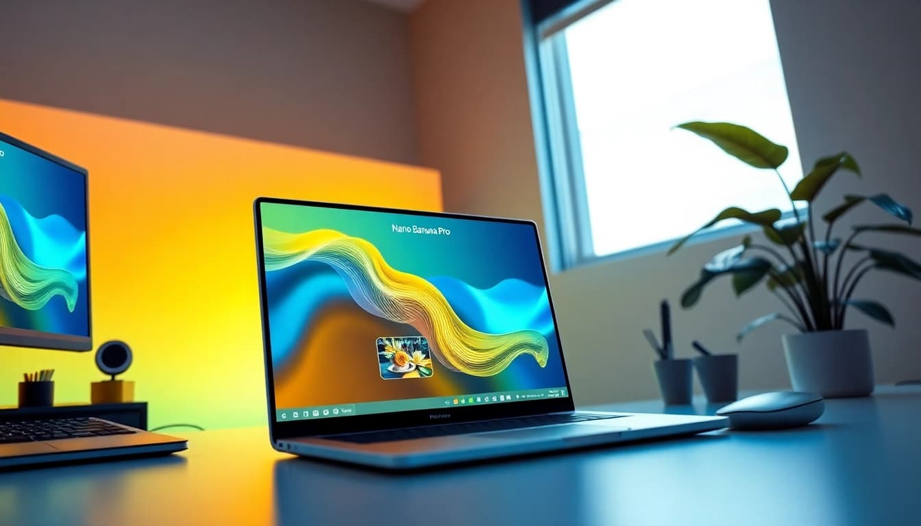 Nano Banana Pro interface displayed in a modern workspace showcasing AI-generated images and a creative atmosphere.