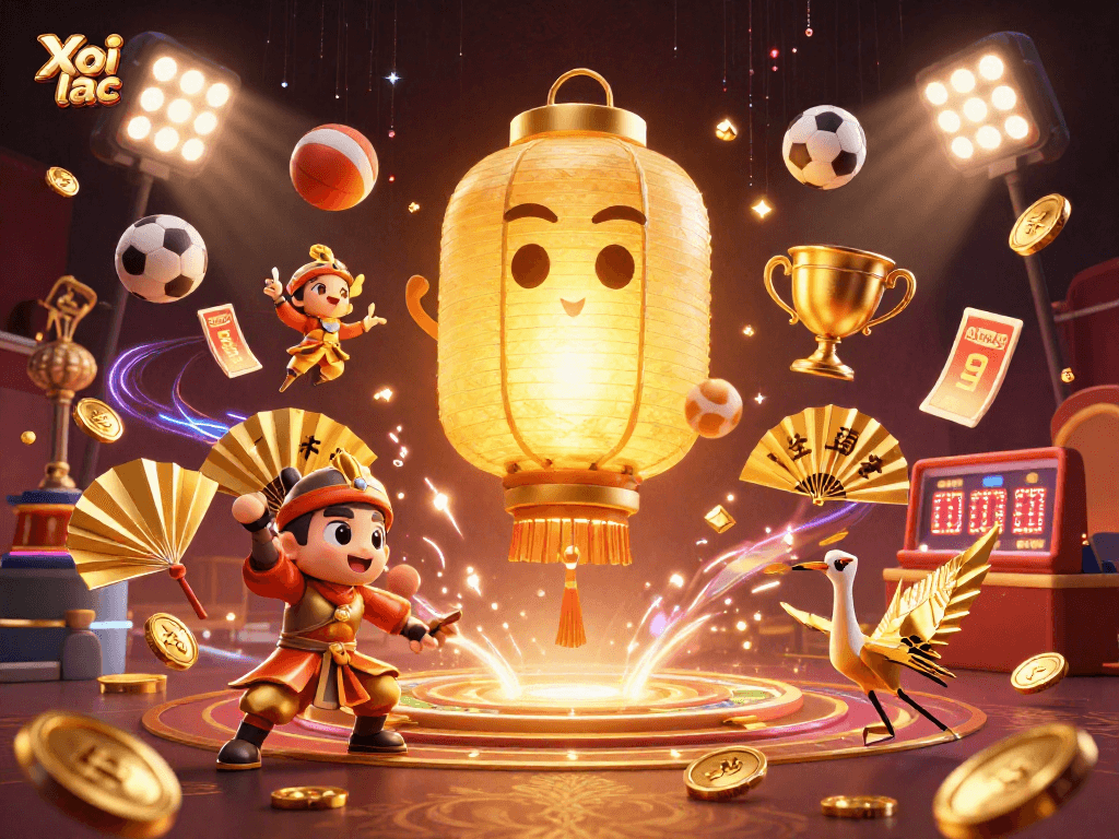 Xoi lac showcases a vibrant casino scene with a glowing lantern spirit and dynamic sports elements.