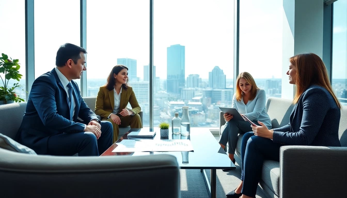 Engaging meeting at an independent wealth management firm San Antonio showcasing financial advisors and clients.