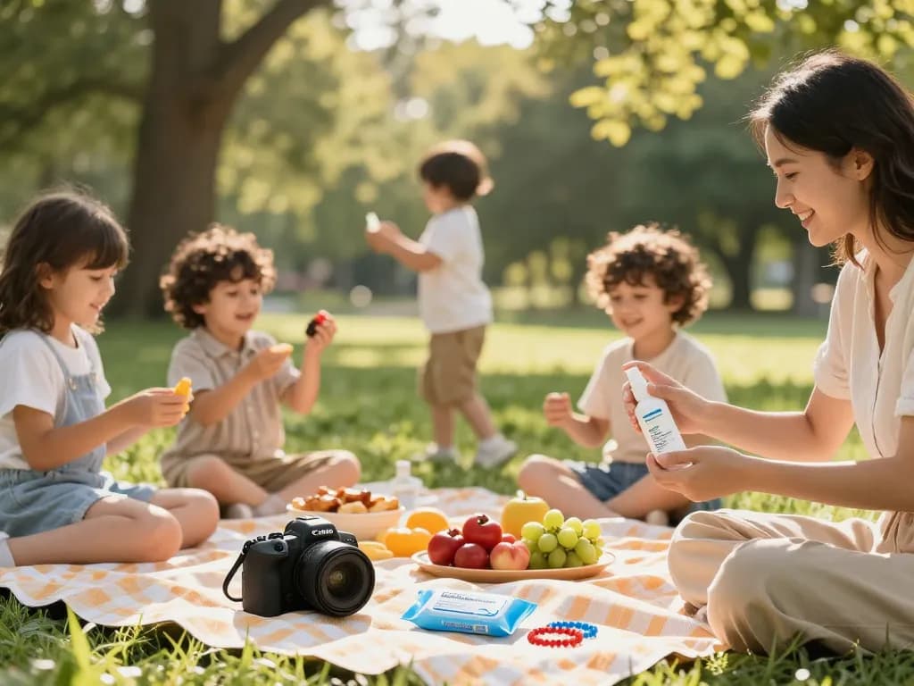 Families using mosquito repellent during summer picnic in a sunny park, enjoying outdoor activities.