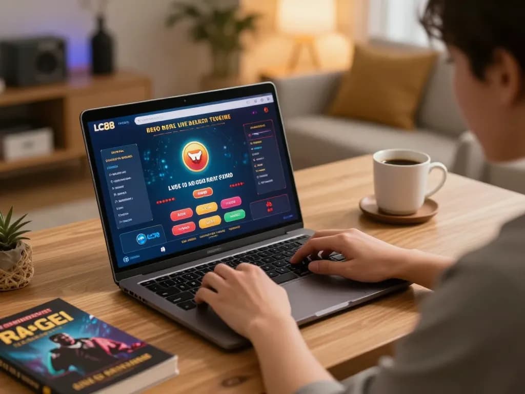 Engaging in online gaming on LC88 with vibrant interface and cozy atmosphere.