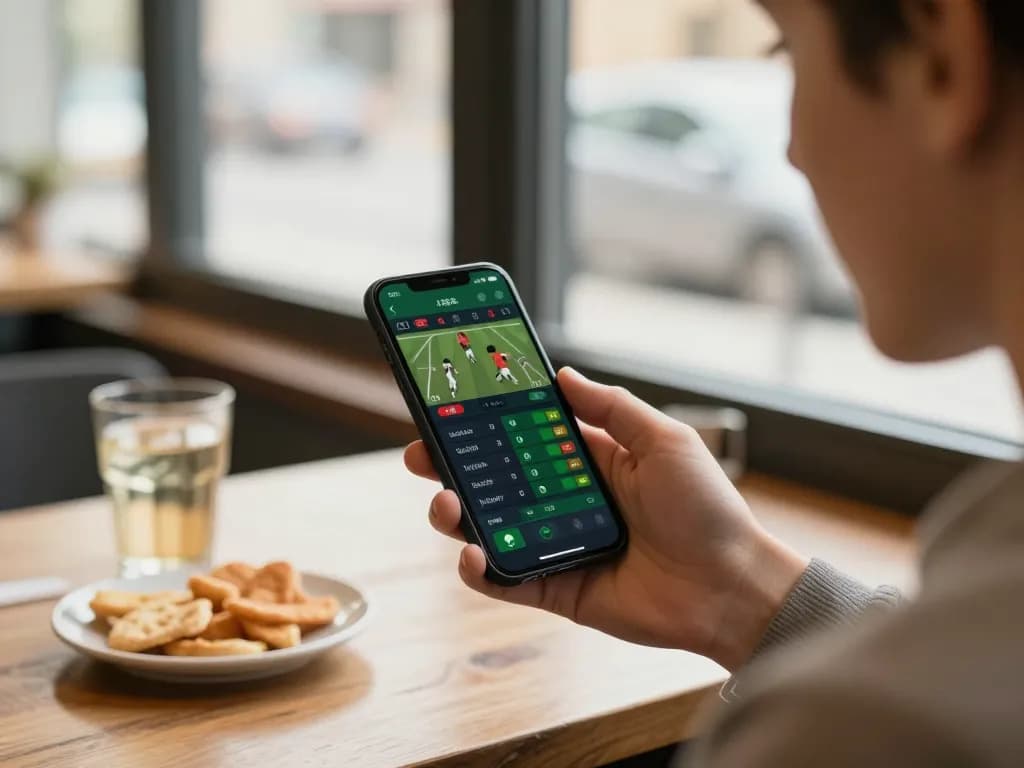 Engaging user placing bets on w 88 sports app, smartphone displaying live odds in a cozy café setting.