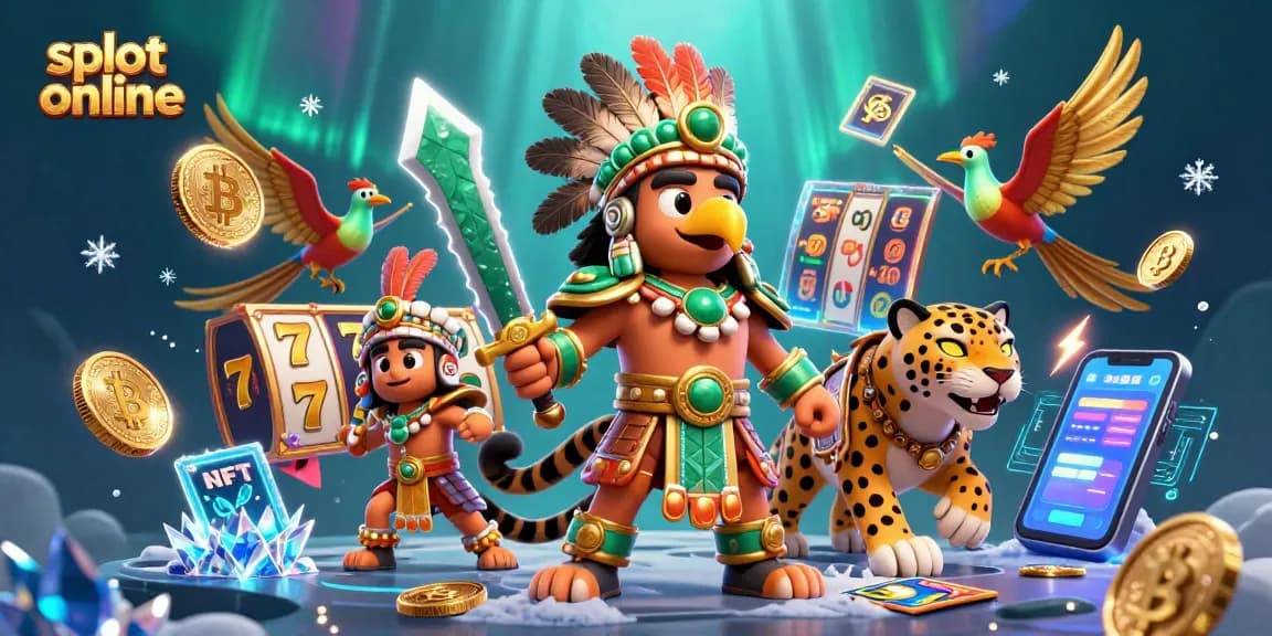 Play slot online with 3D Aztec warriors surrounded by vibrant slot elements and crypto coins