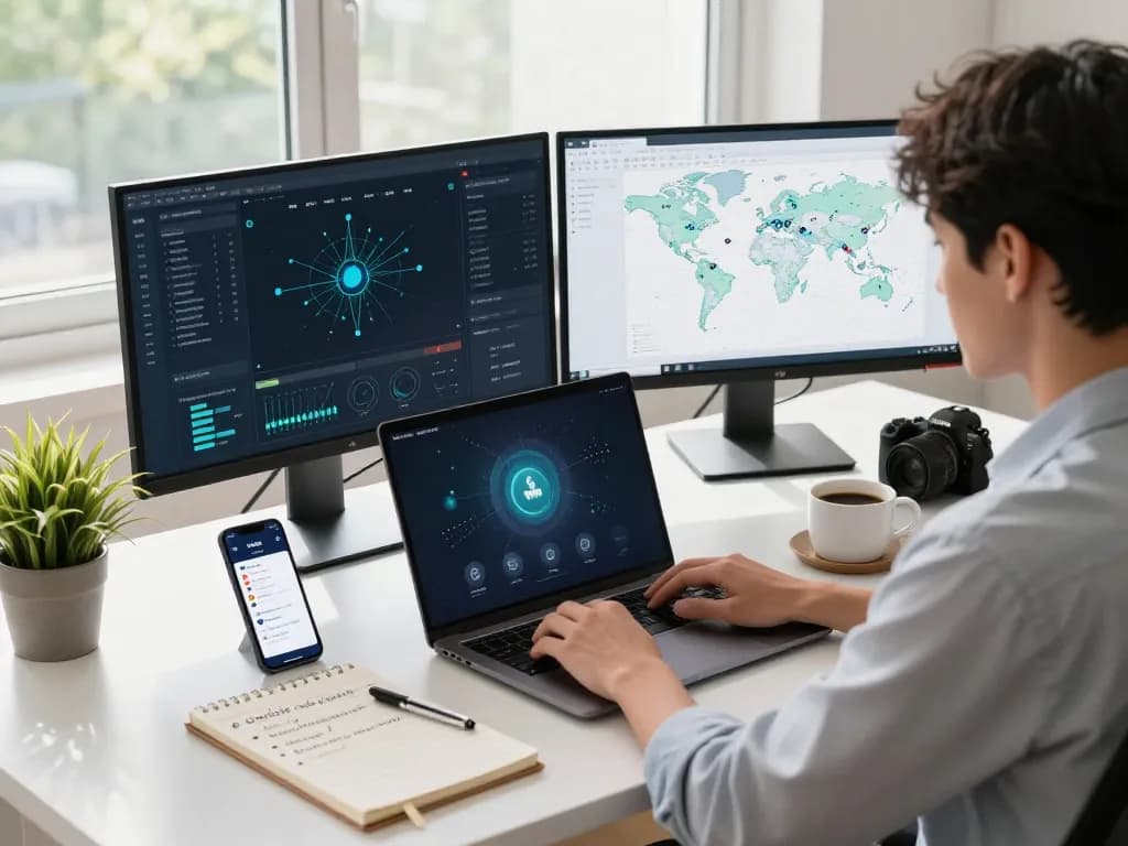 快连 VPN interface on a laptop in a modern home office, showcasing network performance and online security.
